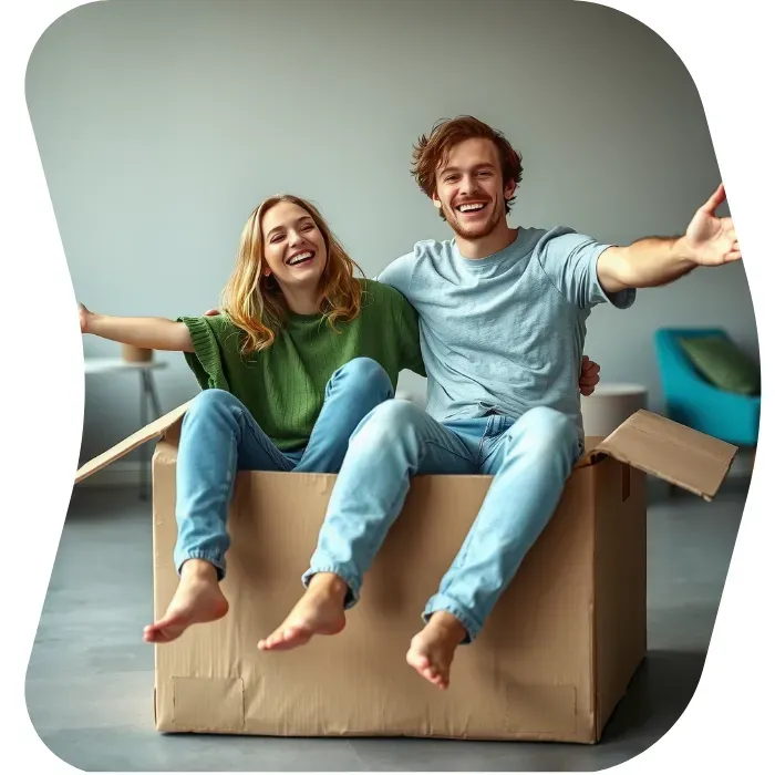 Two guys sitting on the floor of their apartment with Muval moving boxes